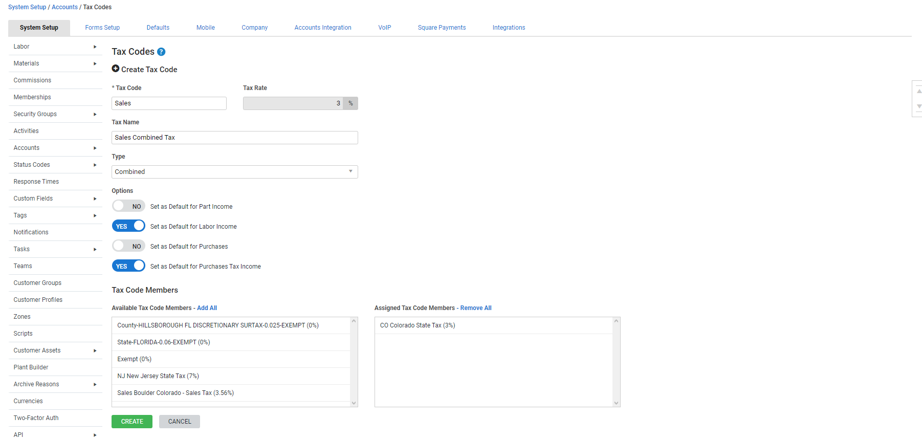 A screenshot of tax code members in a tax code.